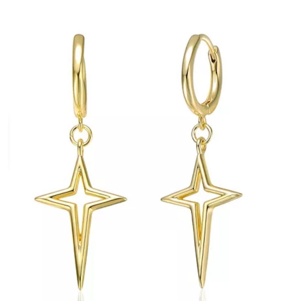 Star‎ Dangle Hoop Earrings | Yellow Gold Over 925 Silver